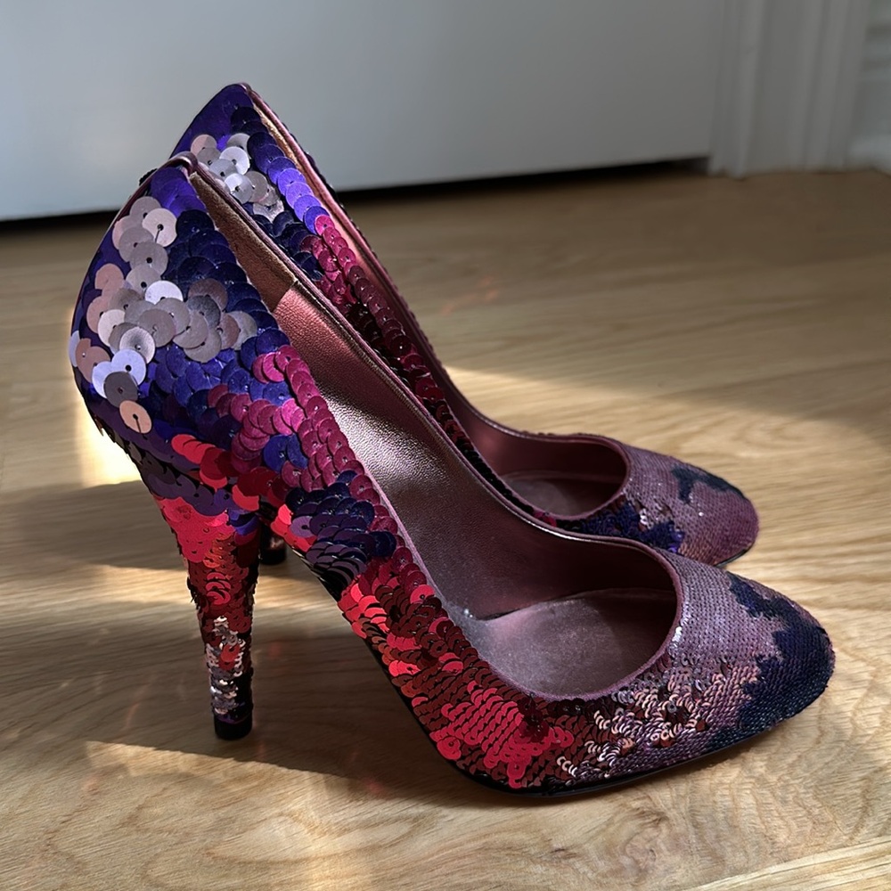 Miu Miu purple and pink sequin round toe pumps